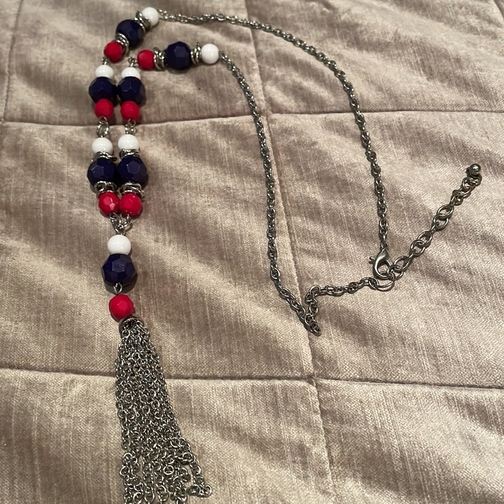 Red white & blue Tassel Necklace 28-30”
